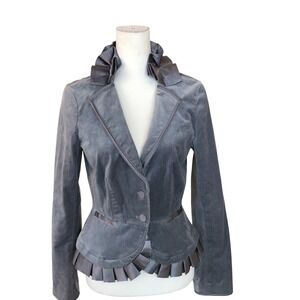 White House Black Market Women's Gray Cotton Blend Victorian Ruffle Jacket Sz 6